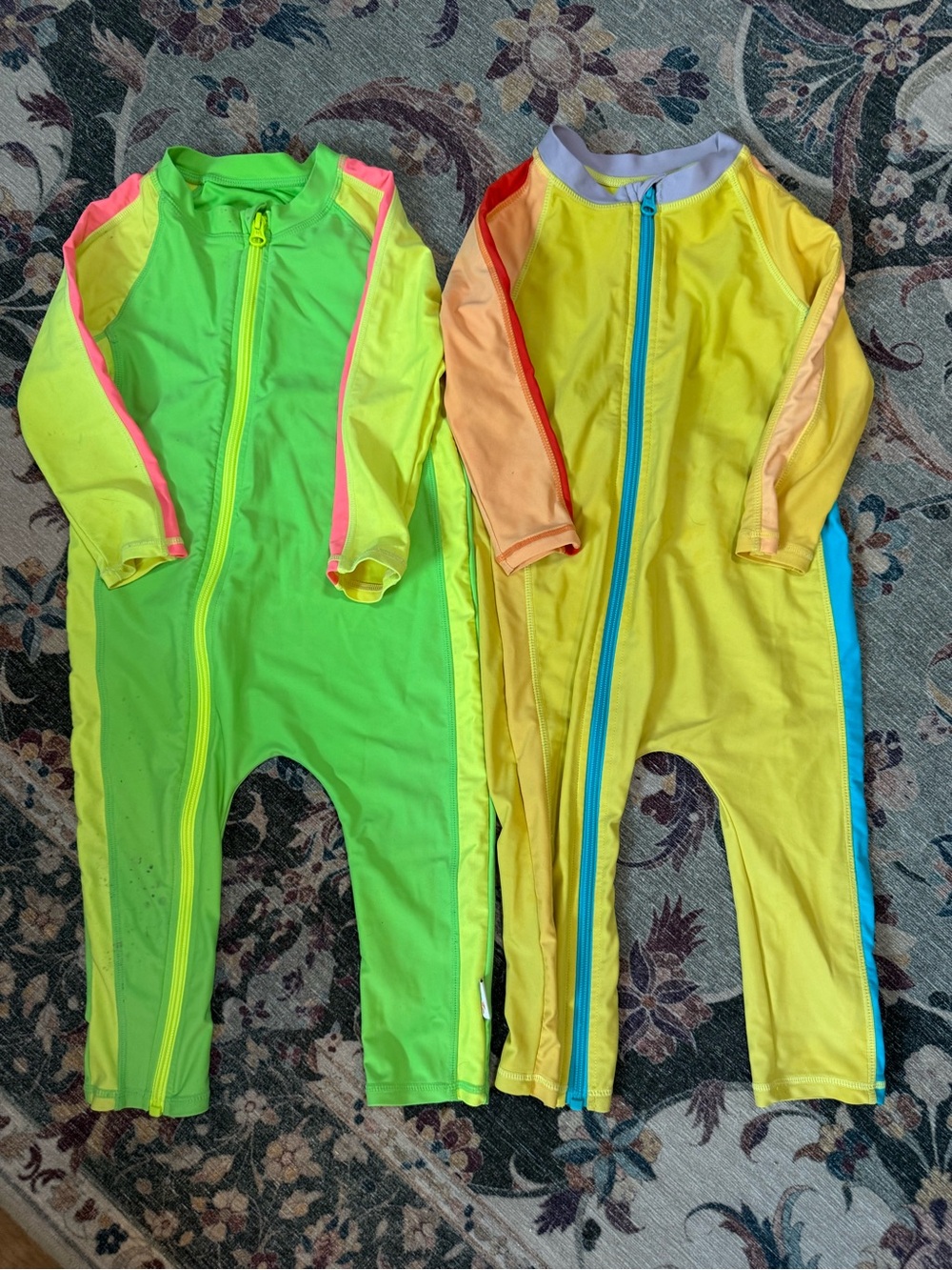 Neon Green and Bright Yellow Kids One-Piece Footies with Full Zip